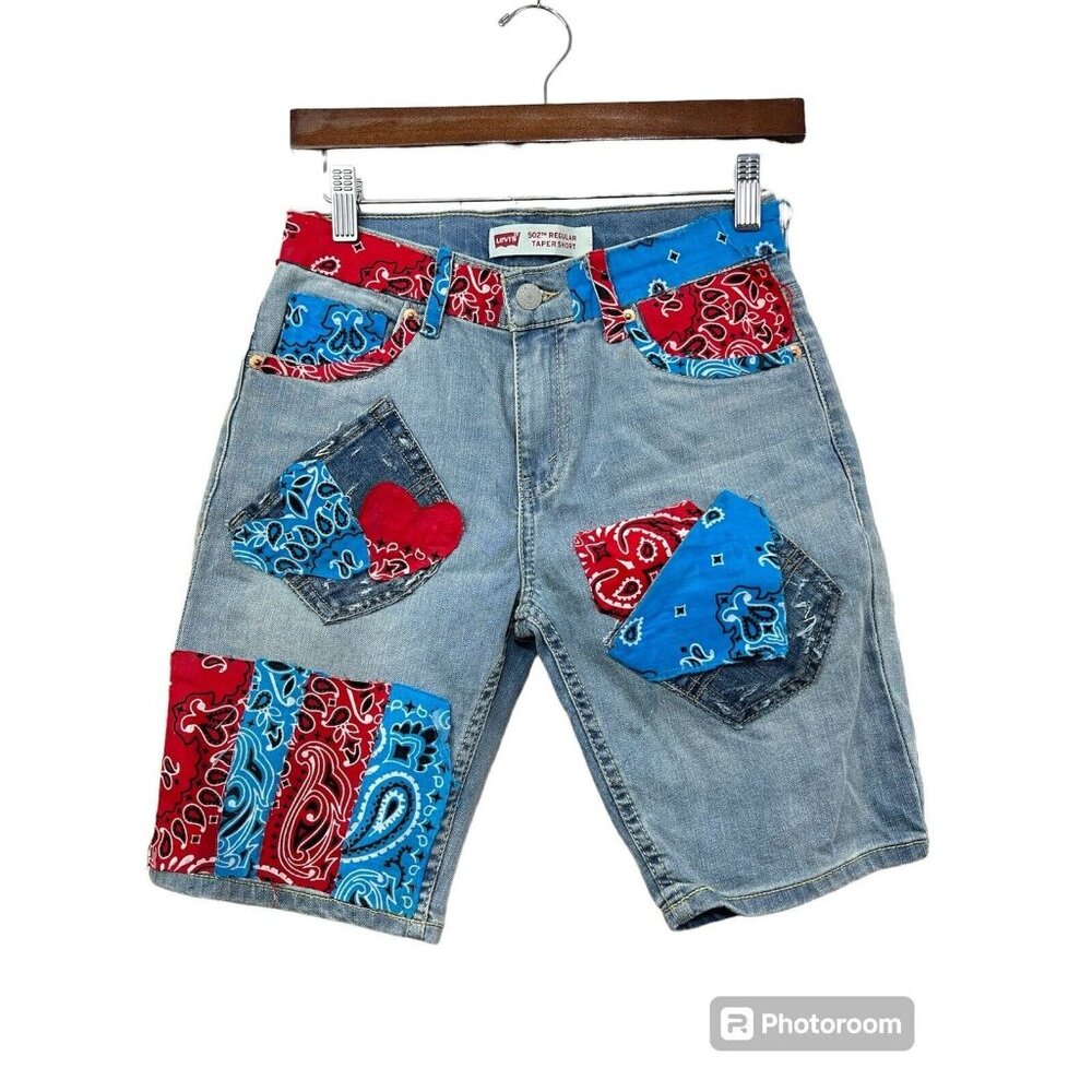 Upcycled Patchwork Denim Shorts Jorts OOAK Levis 502 Youth Sz 14 28W Boho Hippie